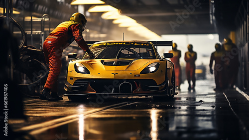 Professional pit crew ready for action as their team's race car arrives in the pit lane during a pitsstop of a car race, Generative AI