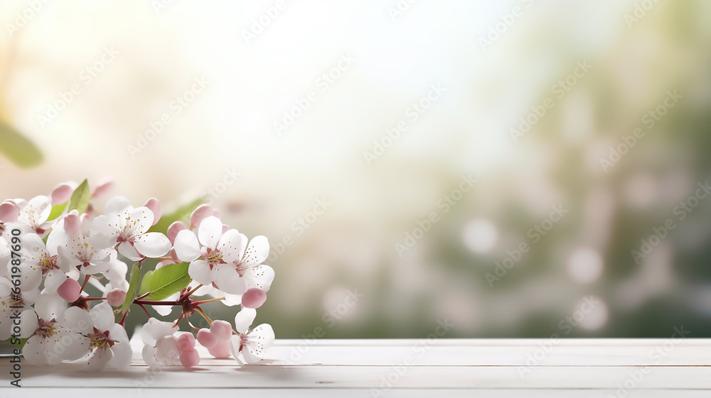 Spring composition on white wooden table with bokeh background , Blurry background, template ,Generative AI