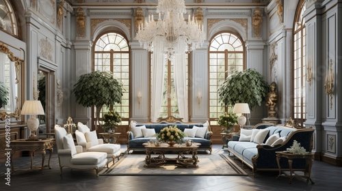 An elegant living room with classic furniture and a grand chandelier.