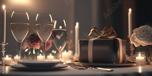 Valentine's Day romantic dinner. Champagne, candles, flowers and gift box over holiday bokeh background. Wedding celebrating