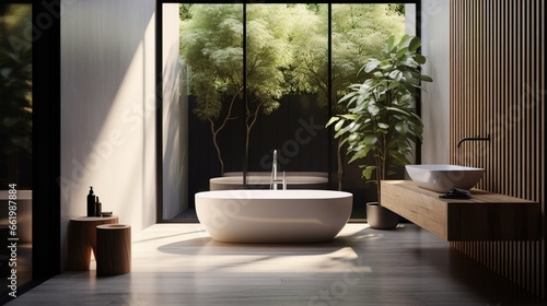 An elegantly designed bathroom featuring minimalist decor and natural lighting. © Bea