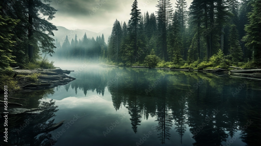 An evergreen forest reflected in a clear lake