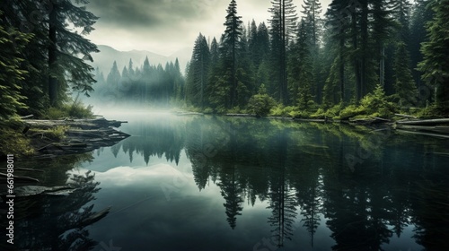 An evergreen forest reflected in a clear lake © Bea