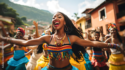 Colombian woman dancing at street carnival, Cartagena, Colombia, Latin American culture, Caribbean life, local tradition photo