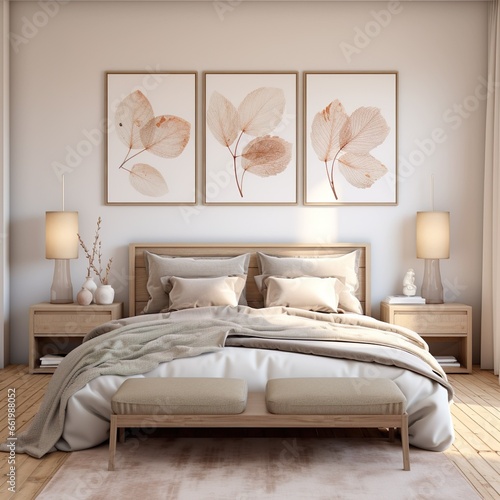Wall-engraved frames and corgi-style bedroom interiors