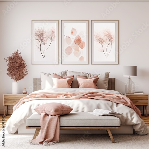 Wall-engraved frames and corgi-style bedroom interiors