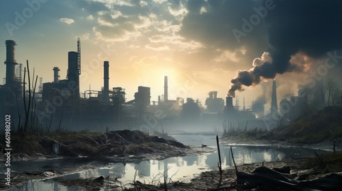 An industrial landscape with thick smog engulfing the skyline, illustrating air pollution.