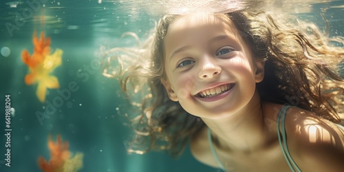 Joyful Dive: Young Girl Radiant Smile Beneath the Water's Surface in an Indoor Pool