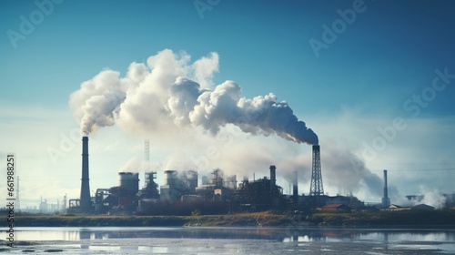 An industrial plant emitting smoke against a backdrop of clear blue skies, highlighting the contrast between clean and polluted air.