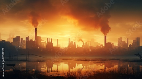 An industrial skyline with smoggy air, exemplifying the consequences of thermal pollution from factories and power plants.