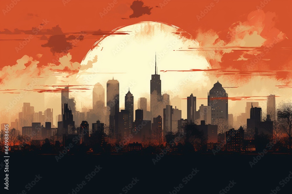 Illustration of urban skyline, silhouetted against background buildings. Generative AI