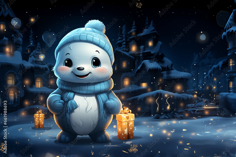 Wunderschöner lachender Schneemann mit Mütze als Cartoon mit großartiger Kulisse im Querformat für Banner, ai generativ Wunderschöner lachender Schneemann mit Mütze als Cartoon mit großartiger Kulisse im Querformat für Banner, ai generativ