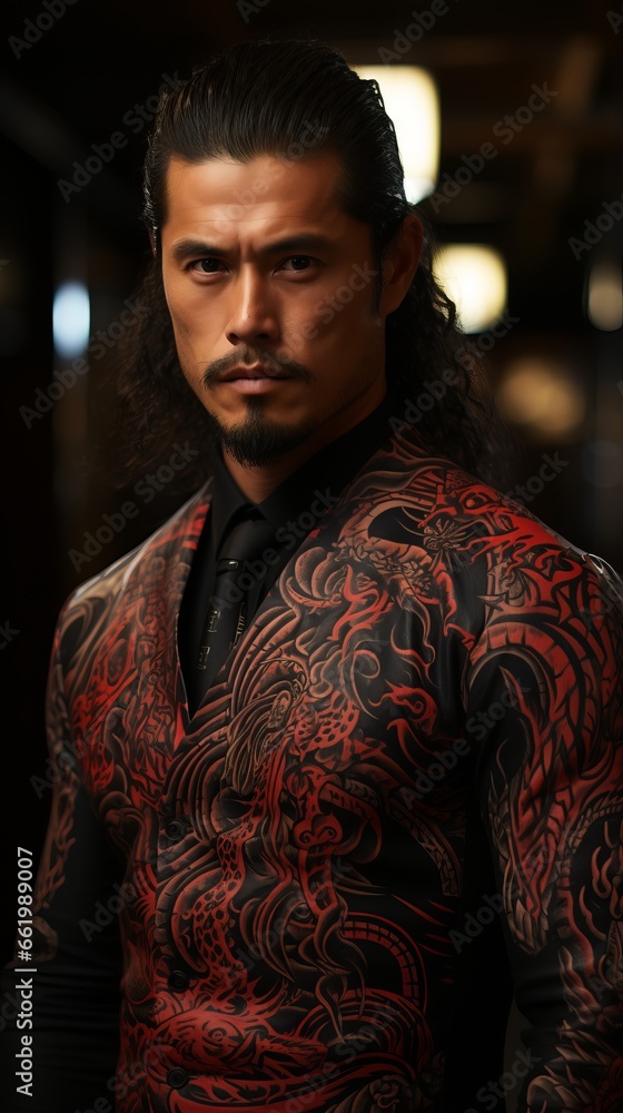 Obraz premium A man with yakuza style tattoos. dangerous people, concept: mafia and criminal gangs in Japan.