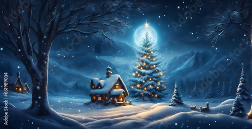 Christmas tree - Snowy Night Celebration: A Christmas Card with Starry Sky and Snowflakes