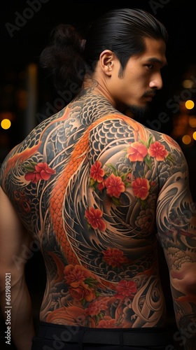 A man with yakuza style tattoos. dangerous people, concept: mafia and criminal gangs in Japan.