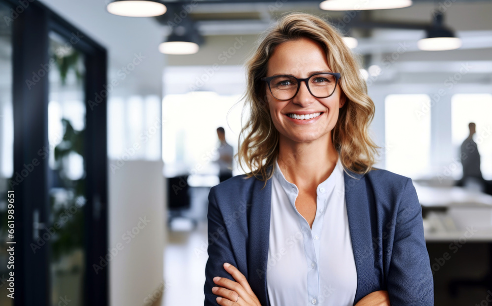 businesswoman wearing glasses smiling standing in office businesswoman wearing glasses smiling standing in office