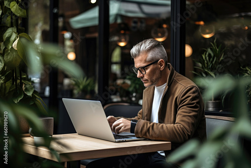 professional businessman working on laptop in office lobby.