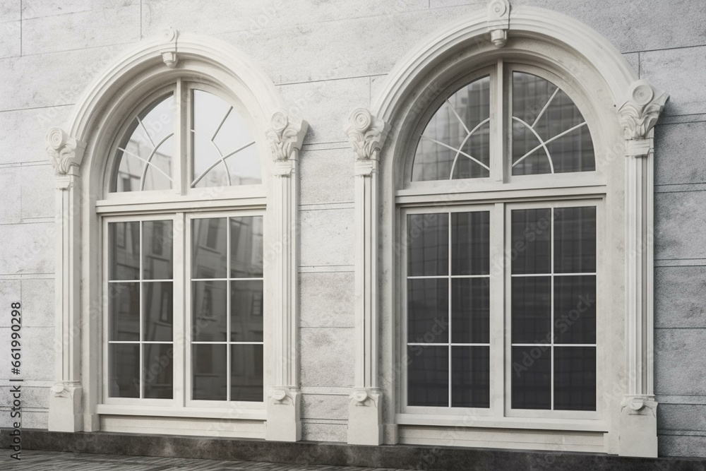 Vintage white double arched windows in a wall, representing antique architecture. Mock-up of building elements. Generative AI