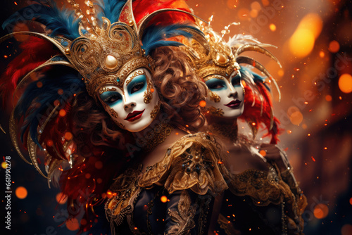 Women wear beautiful Venetian carnival masks and costumes in bright red and gold colors, adding to the festive and mysterious atmosphere of the Venetian carnival.