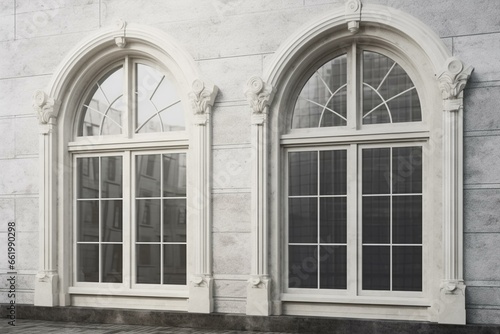 Vintage white double arched windows in a wall  representing antique architecture. Mock-up of building elements. Generative AI