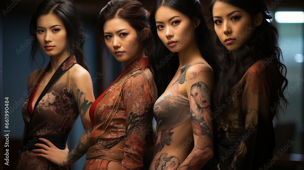 Obraz premium A woman with yakuza style tattoos. dangerous people, concept: girls in the mafia and criminal gangs of Japan.