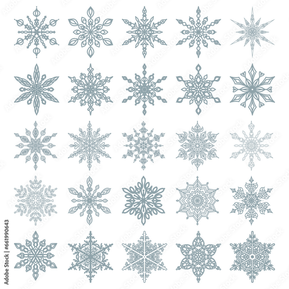 A set of twenty-five blue snowflakes. Delicate icy patterns. Snow ornaments in your design. A winter wonderland. Attribute of Christmas and New Year. A set of twenty-five blue snowflakes. Delicate icy patterns. Snow ornaments in your design. A winter wonderland. Attribute of Christmas and New Year.