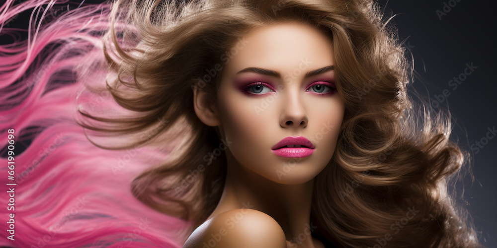 Wunderschönes blondes Model Frauen Gesicht mit fliegenden Haaren Nahaufnahme in Querformat als Banner, ai generativ Wunderschönes blondes Model Frauen Gesicht mit fliegenden Haaren Nahaufnahme in Querformat als Banner, ai generativ