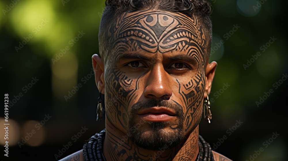 Polynesian tribe, Maori people. Village life in a picturesque area with dense vegetation and rivers. Concept: Tourist area in wild places - obrazy, fototapety, plakaty 