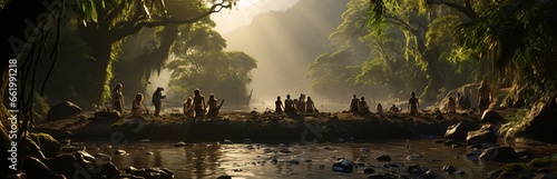 Polynesian tribe, Maori people. Village life in a picturesque area with dense vegetation and rivers. Concept: Tourist area in wild places photo