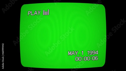 VHS interface on TV screen with chromakey. CRT old screen with date and timecode. Green TV screen with noise vhs effect. Retro 80s, 90s.