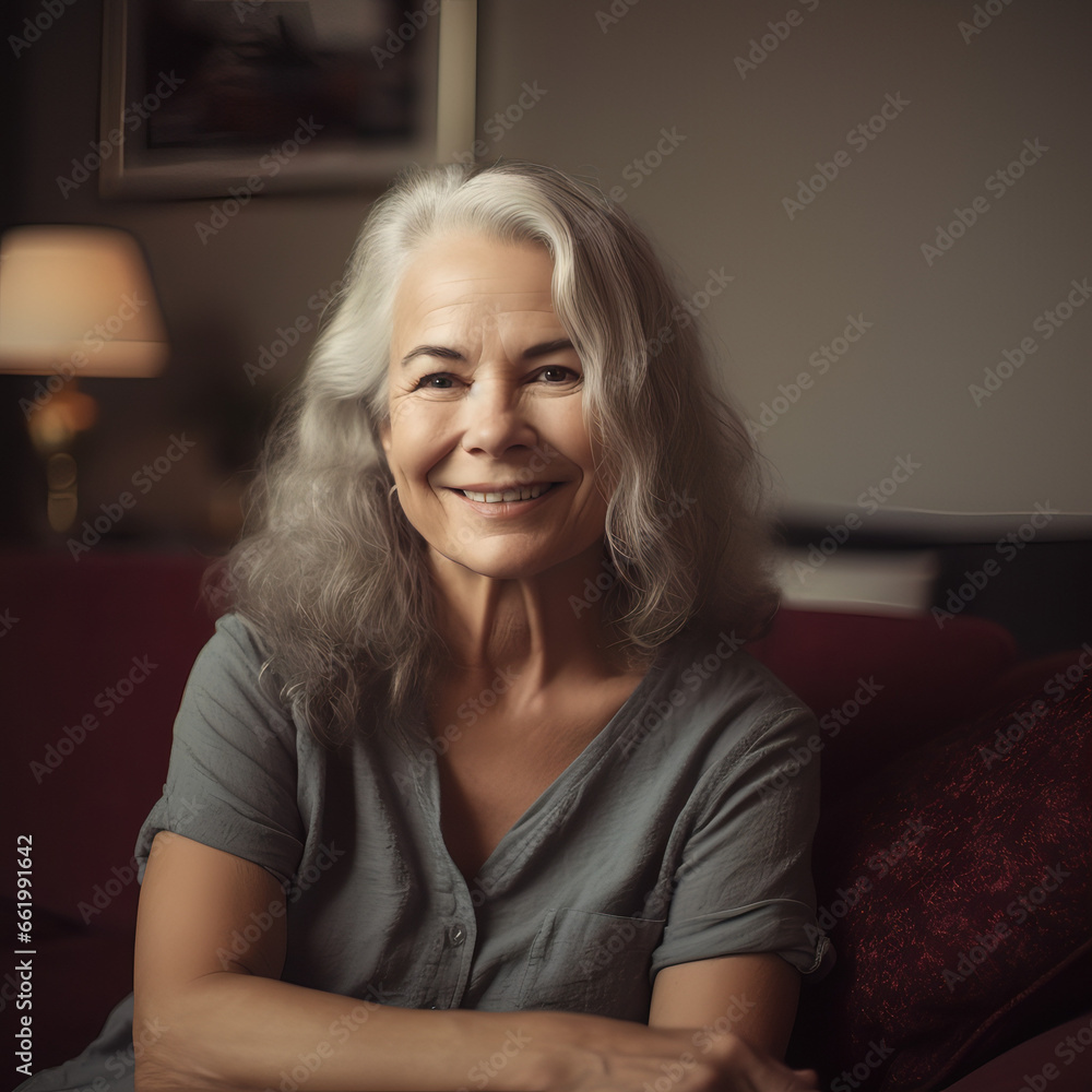 Pretty middle age woman smiling and posing on her couch at home Pretty middle age woman smiling and posing on her couch at home
