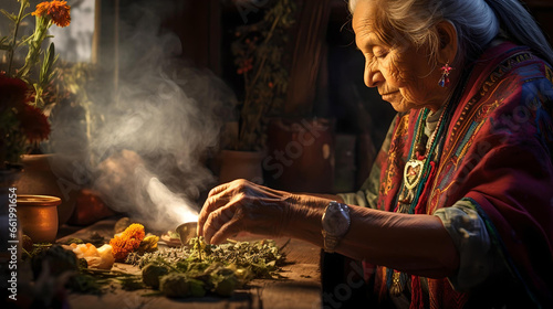 Mexican healer preparing her herbal infusions to heal a patient, natural medicine, local culture and Latin American tradition, Mexican shaman photo
