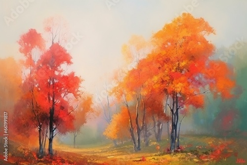 Vibrant autumn scene with red and orange trees, a beautiful outdoor painting in pastel colors on a foggy day. Generative AI