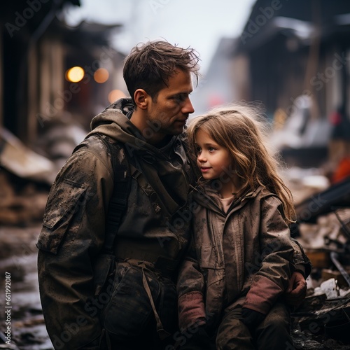 Soldiers help children, dirty children surrounded by a destroyed city and houses. Concept: war and saving people from hot spots. © Neuro architect