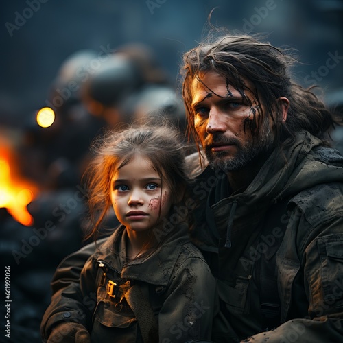 Soldiers help children, dirty children surrounded by a destroyed city and houses. Concept: war and saving people from hot spots.