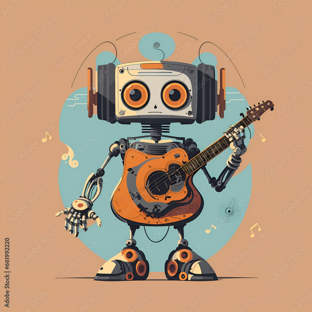 Illustration of a robot musician performing live with a guitar, showcasing the creativity of AI in music, Created with Generative AI Technology Illustration of a robot musician performing live with a guitar, showcasing the creativity of AI in music, Created with Generative AI Technology