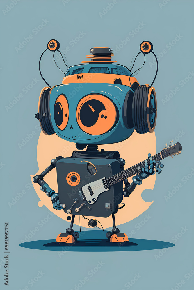 Illustration of a musical AI robot jamming on a guitar with headphones on, showcasing the creativity of AI in music, Created with Generative AI Technology Illustration of a musical AI robot jamming on a guitar with headphones on, showcasing the creativity of AI in music, Created with Generative AI Technology