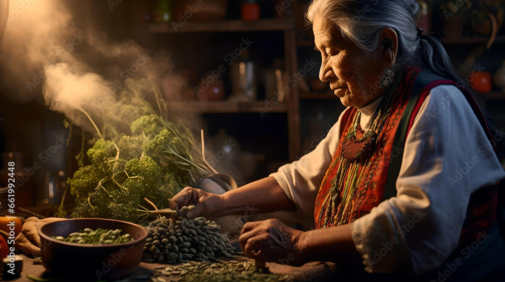 Mexican healer preparing her herbal infusions to heal a patient, natural medicine, local culture and Latin American tradition, Mexican shaman - obrazy, fototapety, plakaty 