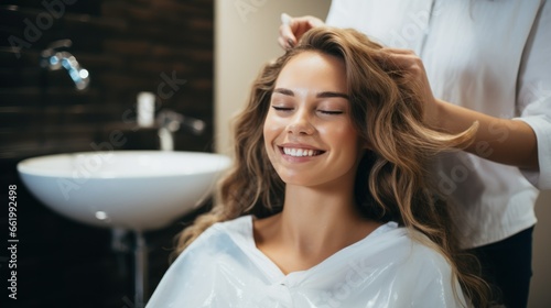 Young happy woman who takes care of her hair photo