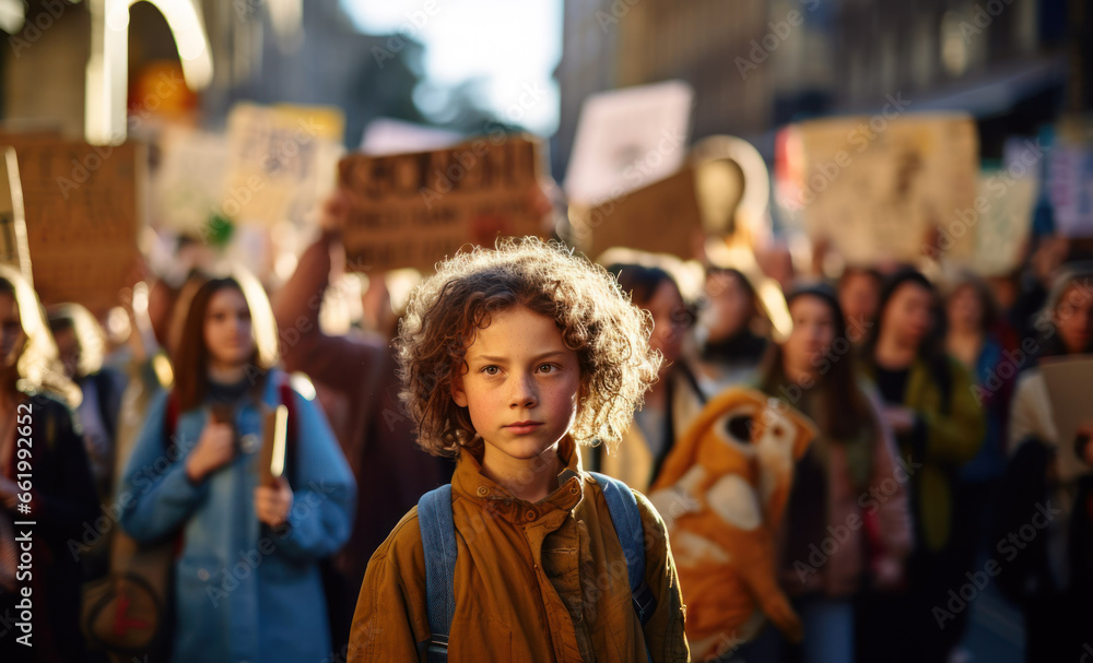 Adolescent boy poses in front of a crowd protesting climate change