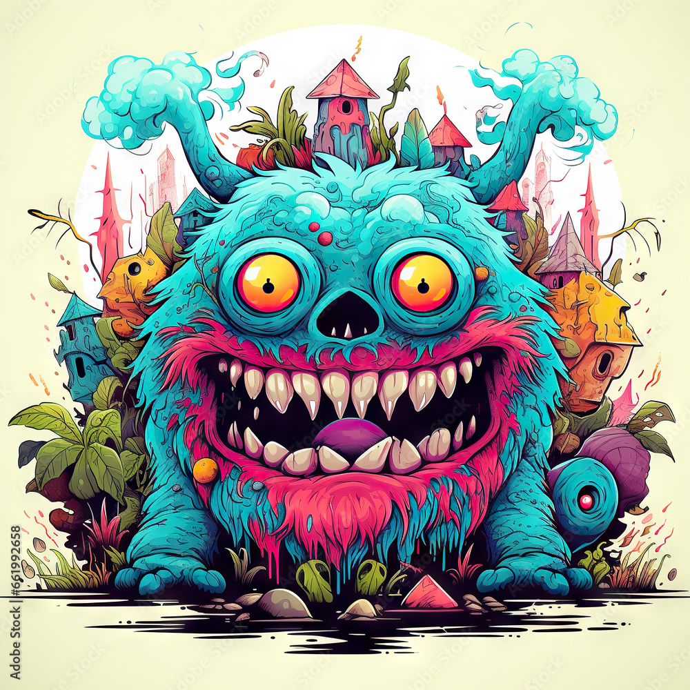 Vector illustration, a blue monster in the center of the composition, with houses on its back