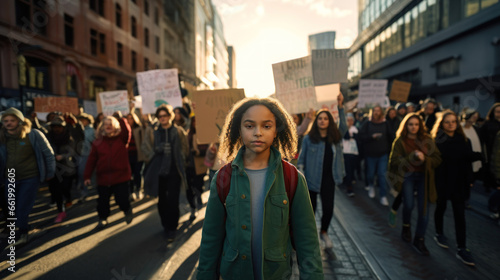 Adolescent boy poses in front of a crowd protesting climate change