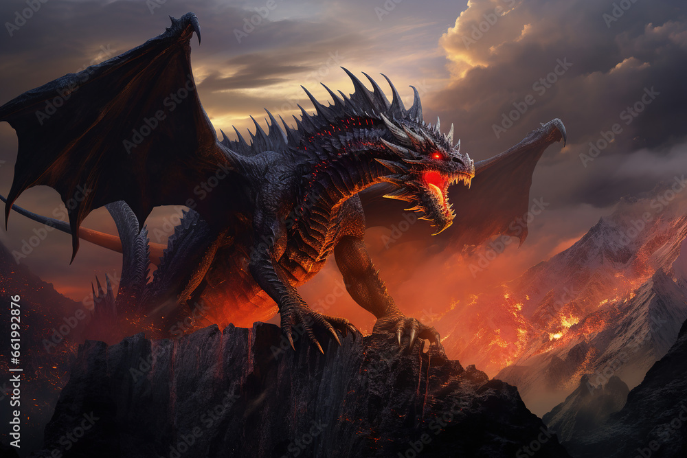 A colossal dragon, perched on a mountain peak, releases an inferno from its maw, turning the night into day.