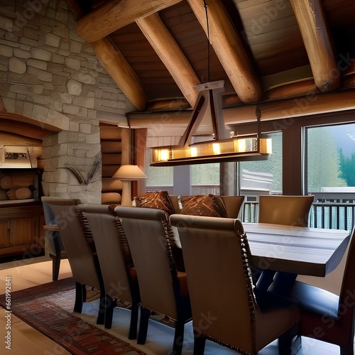 A rustic, mountain lodge-inspired dining room with wood beam ceilings, log furniture, and wildlife art4 photo