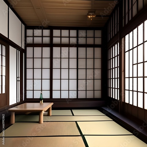 A minimalist  Japanese tea room with tatami mat flooring  shoji screens  and a traditional low table5