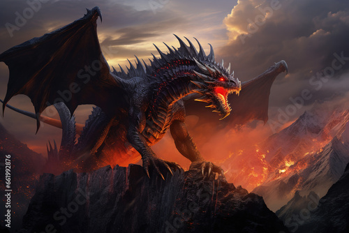 A colossal dragon, perched on a mountain peak, releases an inferno from its maw, turning the night into day. © EOL STUDIOS