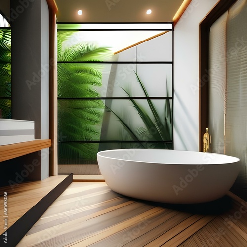 A tropical paradise-themed bathroom with an open-air shower  palm tree decor  and a bamboo vanity3