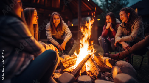 Focused photo of a campfire, group of friends having fun by the campfire