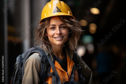 woman working in a construction site dressed in protective helmet and vest gender equality © Javier