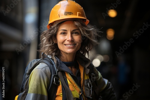 grey haired Middle aged woman working in a construction site dressed in protective helmet and vest gender equality